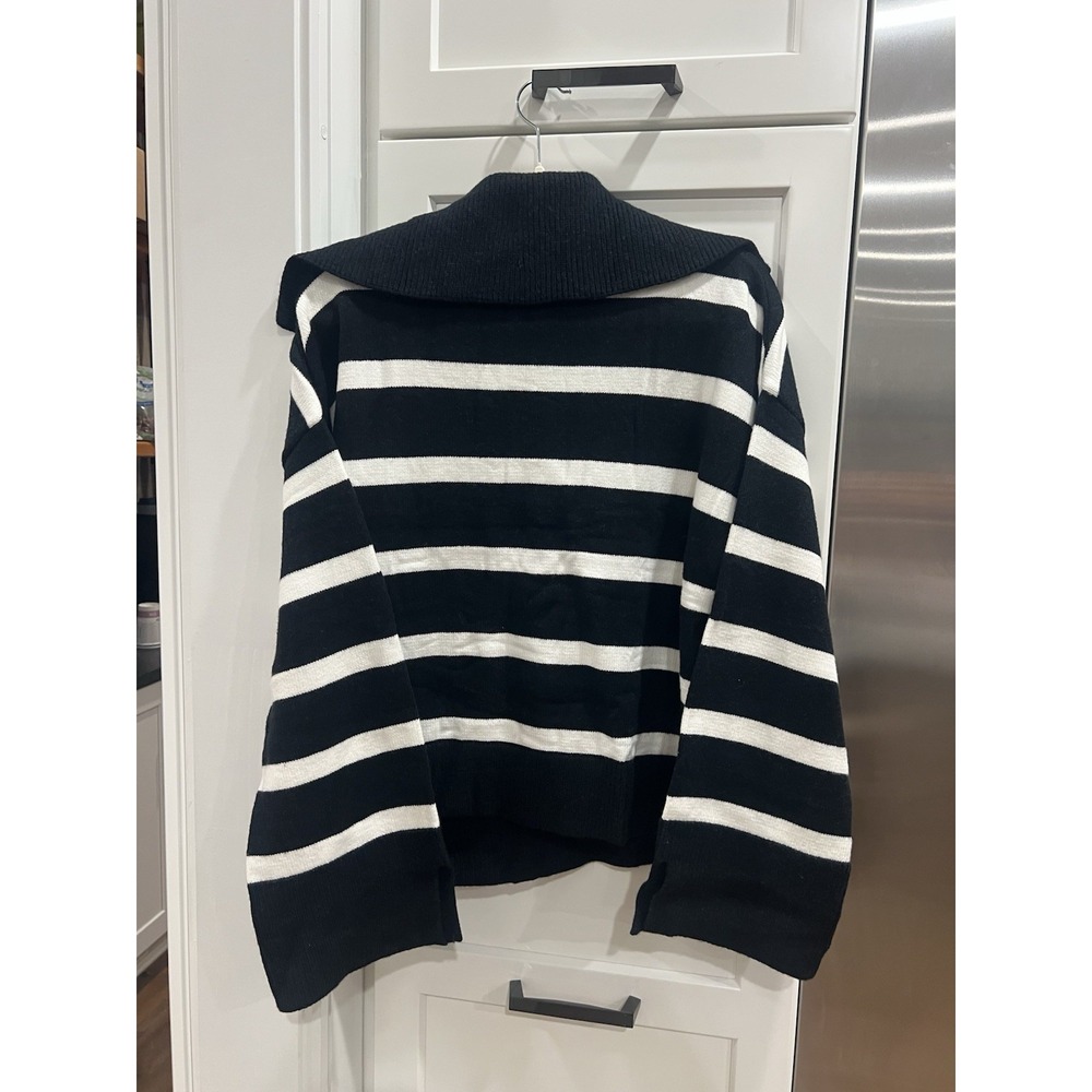 Black & White Striped V-Neck Sweater, XL - Picture 5 of 6